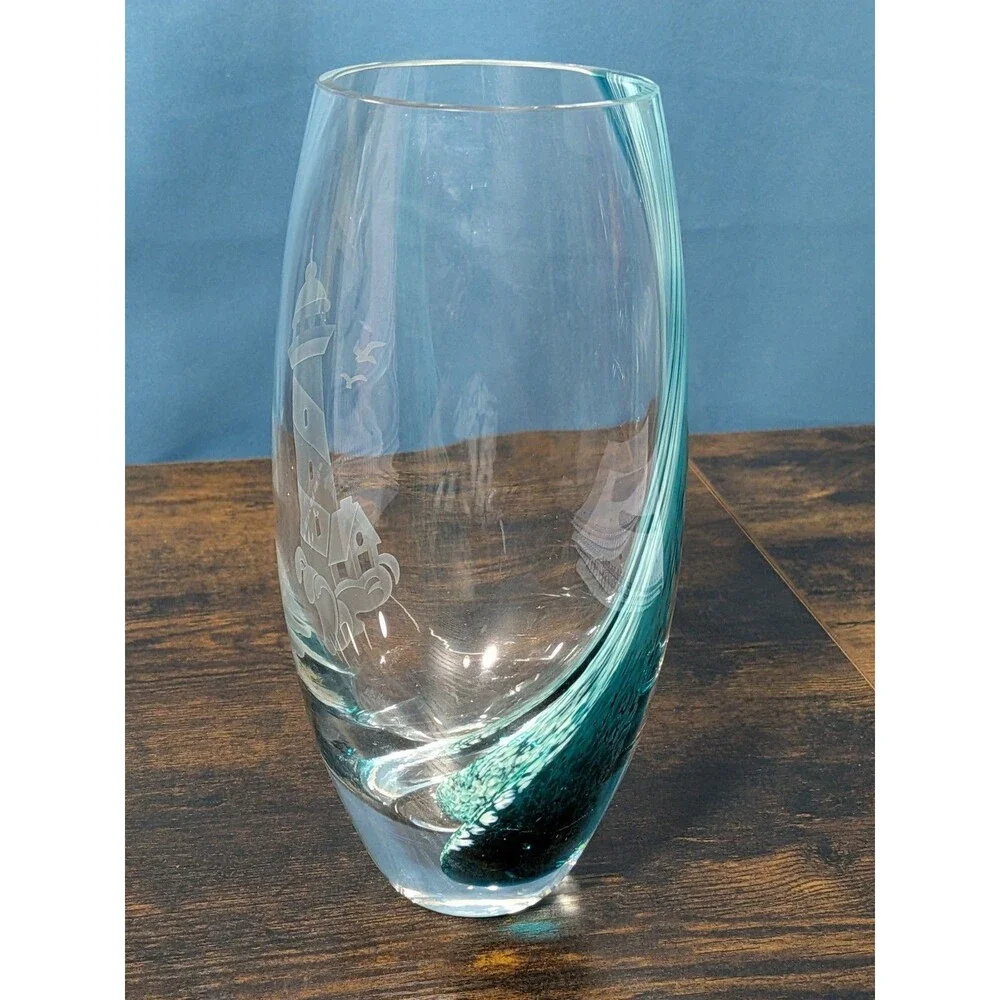Lenox Barrel Etched Teal Vase Swirl Wave Lighthouse Crystal/Cut Glass 8